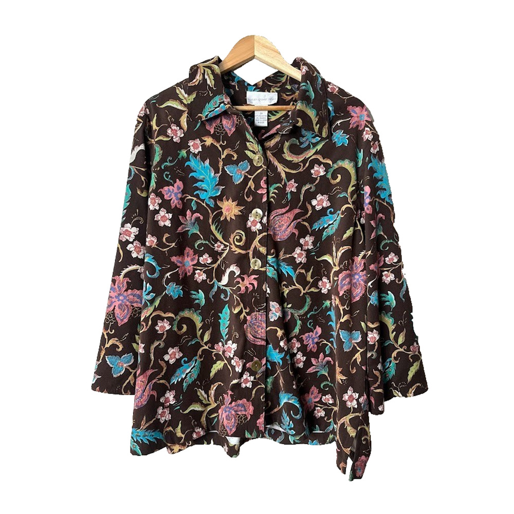 SUSAN GRAVER Top Jacket 2X Button Brown Floral Fall Boho‎ Feminine 3/4 Sleeve